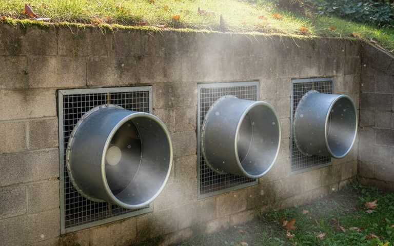 Sous-sol semi-enterré avec ventilation naturelle pour prévenir l'humidité.