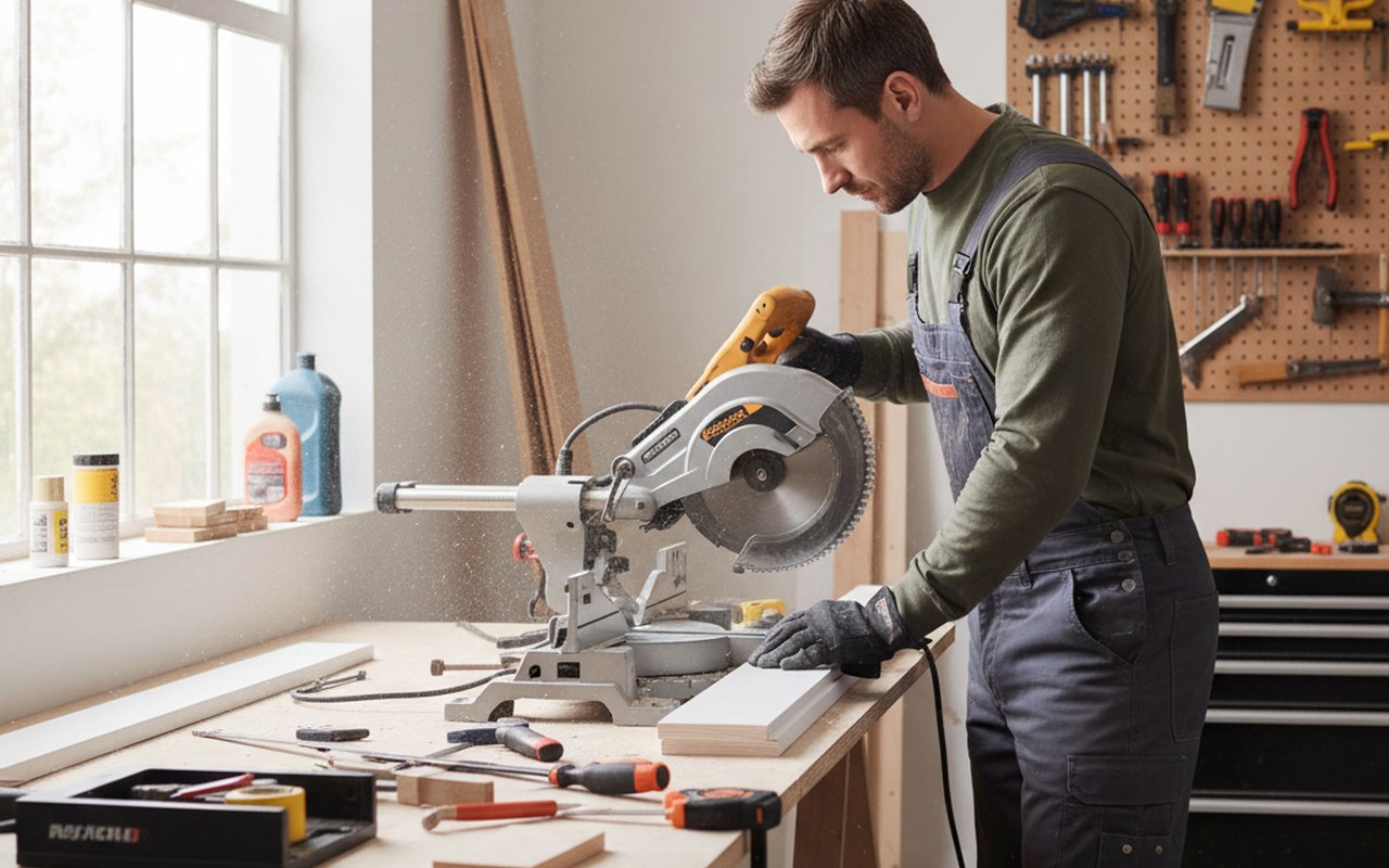 Un bricoleur coupe des plinthes en angle dans une pièce avec des outils adaptés.
