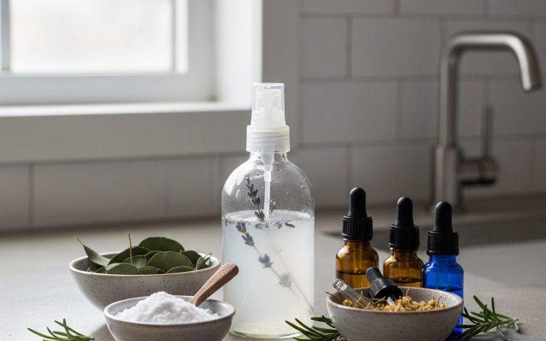 Désodorisant naturel fait maison avec ingrédients sains dans une salle de bain.
