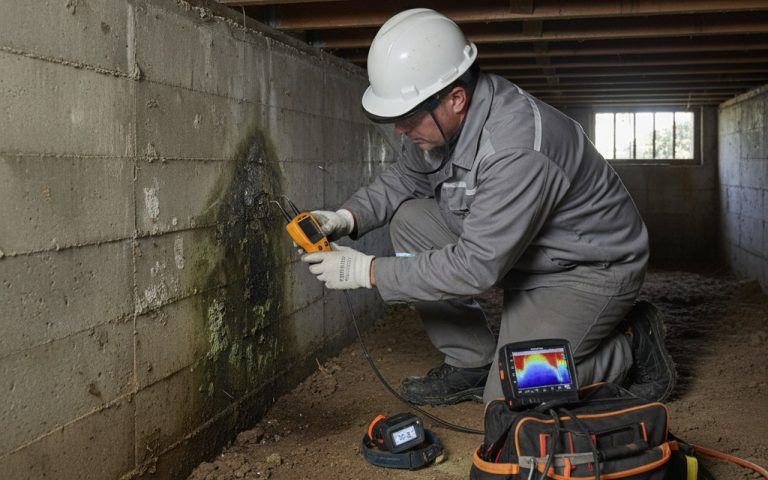 Inspection des fondations d'une maison pour identifier les problèmes d'humidité.