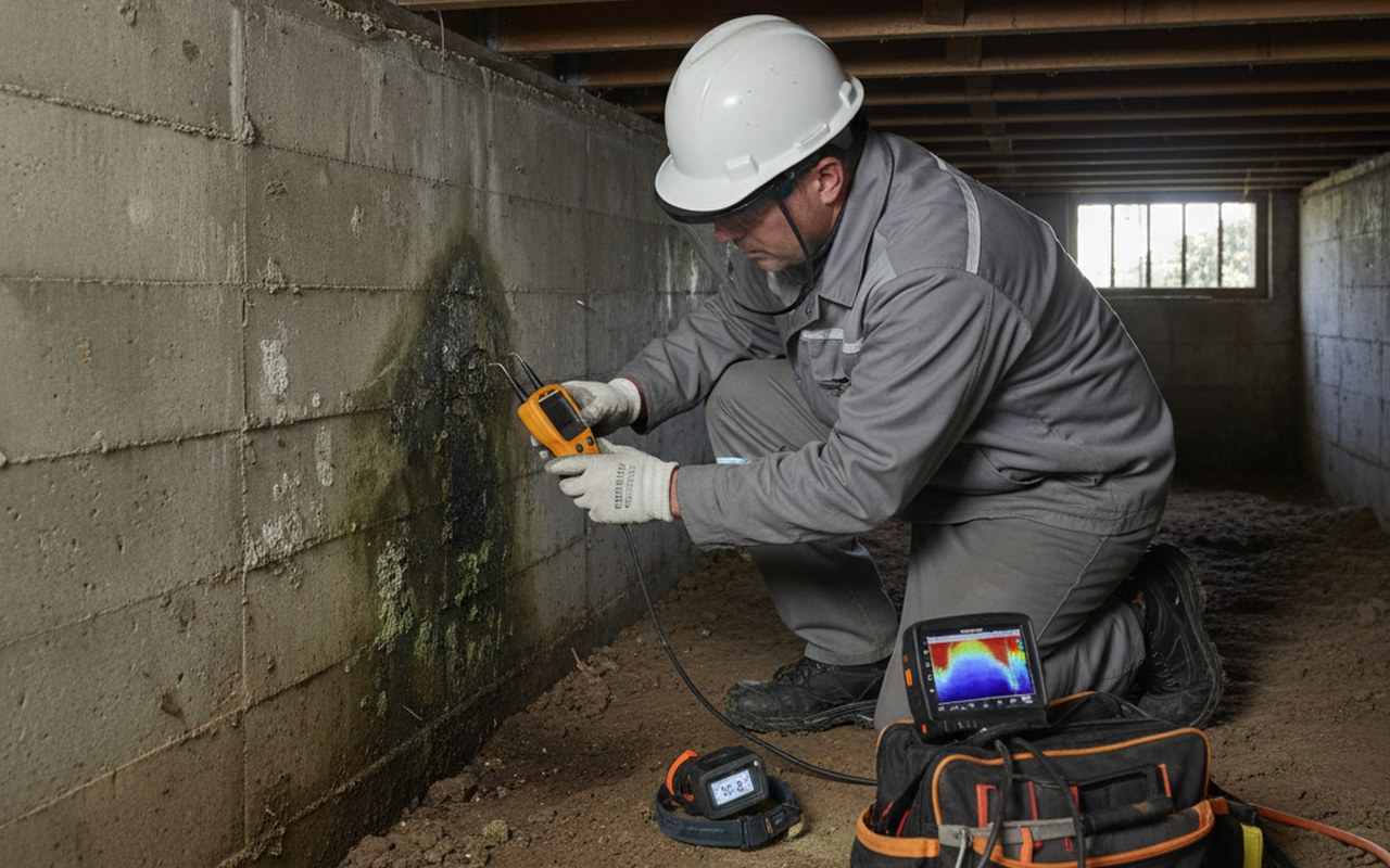 Inspection des fondations d'une maison pour identifier les problèmes d'humidité.