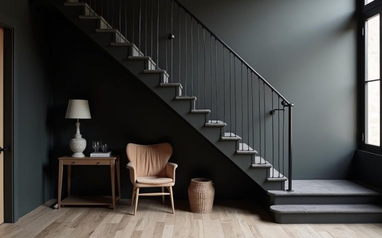 Illustration réaliste sur Escalier noir : styles, matériaux et conseils d'installation pour votre intérieur