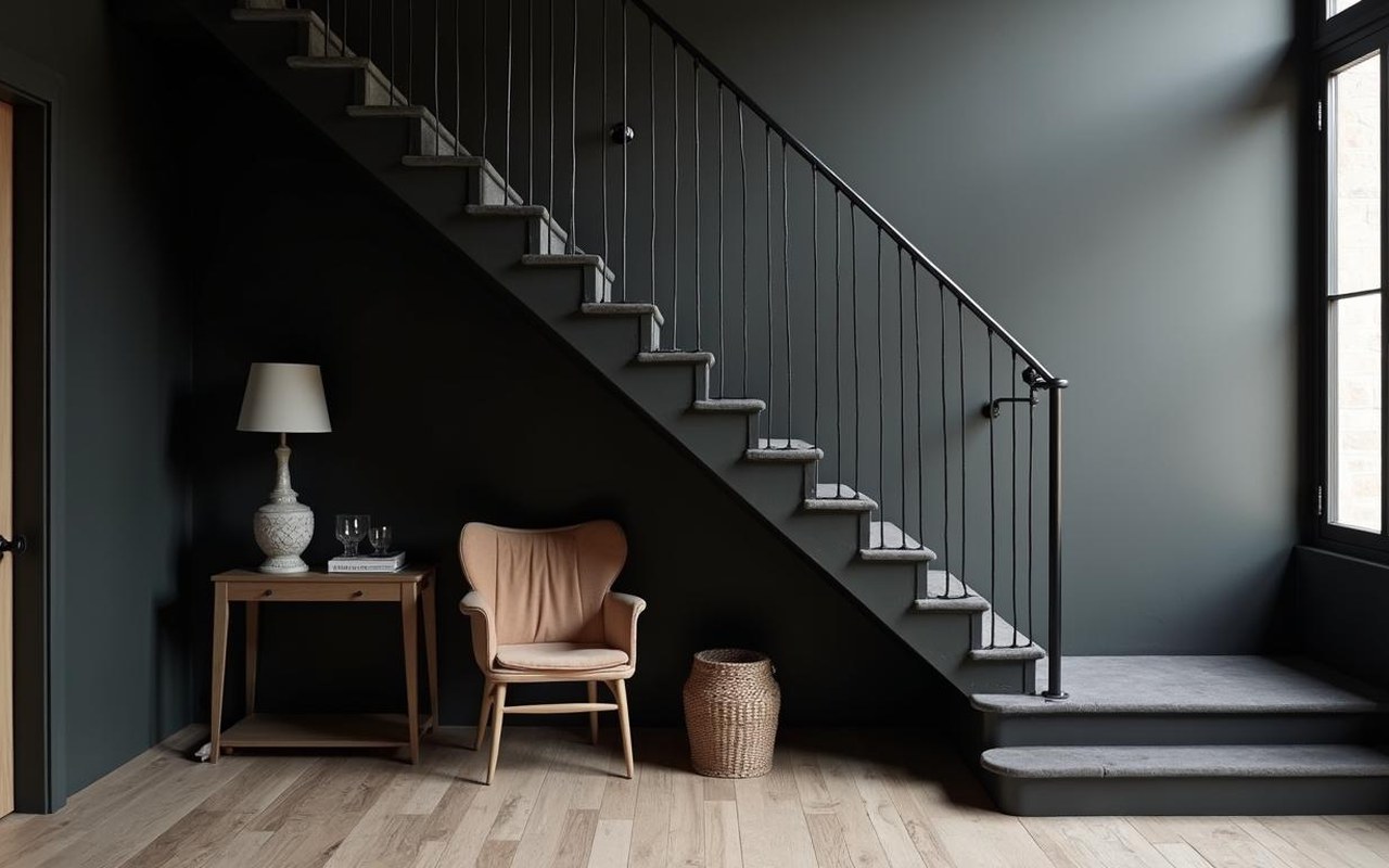Illustration réaliste sur Escalier noir : styles, matériaux et conseils d'installation pour votre intérieur