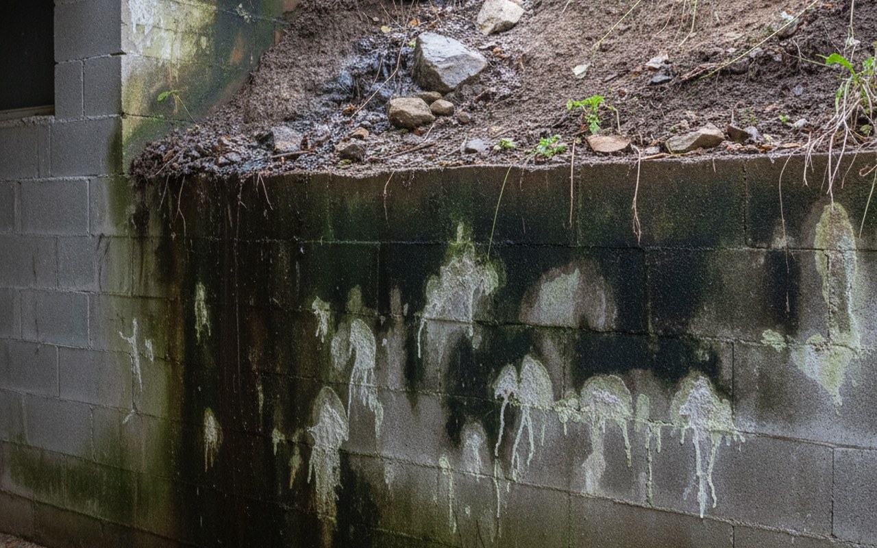 Sous-sol semi-enterré avec signes d'humidité sur les murs en béton.
