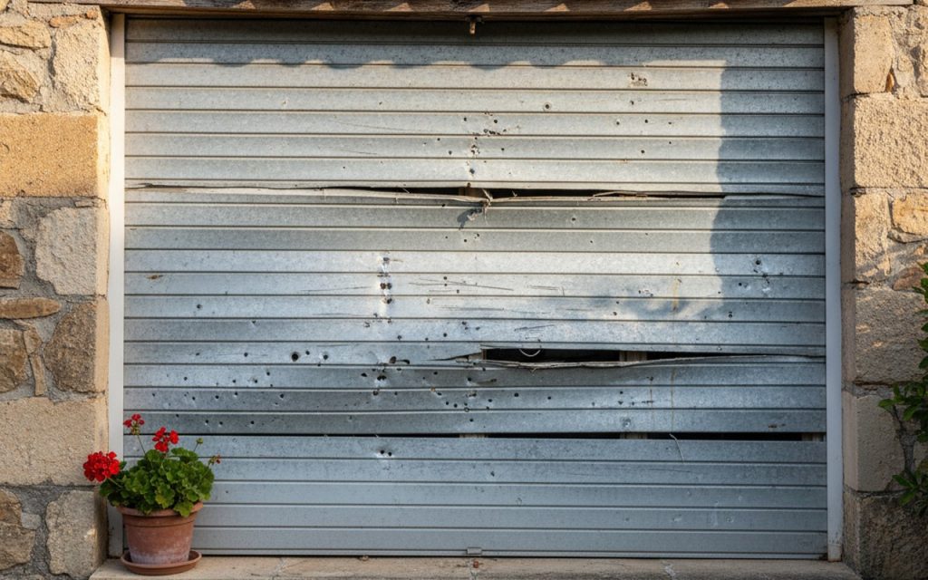 Volet battant en aluminium avec signes de dilatation et impacts visibles sur une maison.