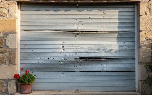 Volet battant en aluminium avec signes de dilatation et impacts visibles sur une maison.