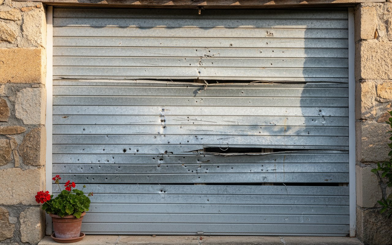 Volet battant en aluminium avec signes de dilatation et impacts visibles sur une maison.