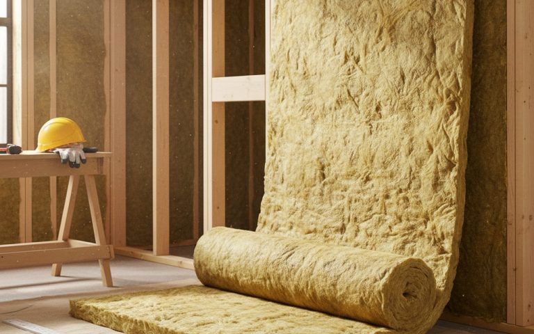 Rouleau de laine de verre déployé pour l'isolation d'un mur intérieur.