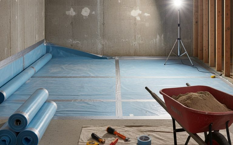 Installation d'un pare-vapeur en polyéthylène dans un sous-sol pour prévenir l'humidité.