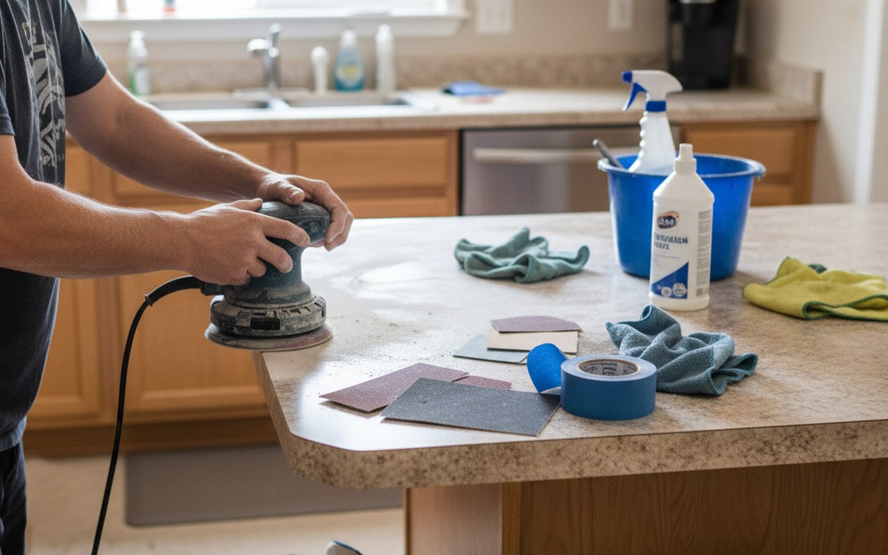 Préparation d'un plan de travail en stratifié pour peinture avec outils de bricolage.
