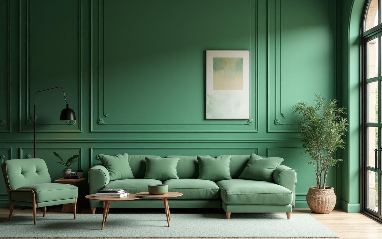 Illustration réaliste sur Salon vert sauge : créer une ambiance apaisante et tendance