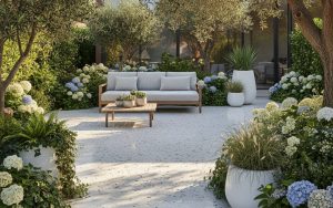 Terrasse en résine moderne entourée de verdure, mettant en avant son esthétique et sa durabilité.