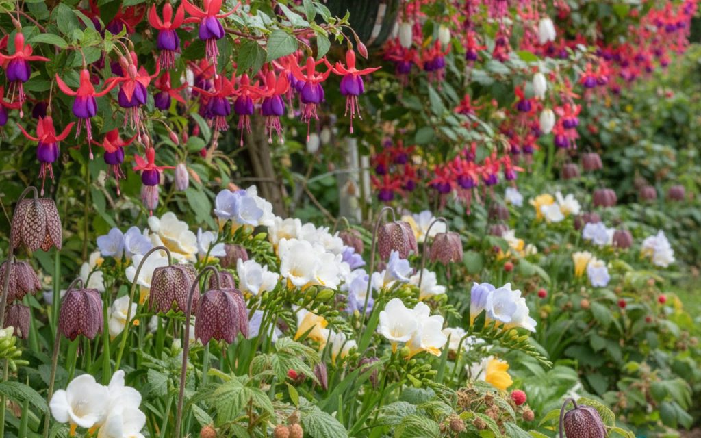 Un jardin coloré avec des fleurs et arbustes fruitiers commençant par F.
