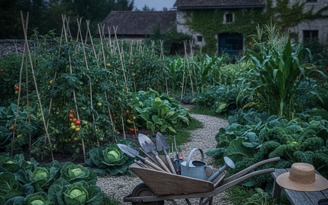 Un jardin potager sous la lune, illustrant le jardinage selon les cycles lunaires.