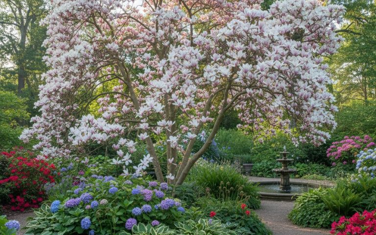 Un magnolia en fleurs dans un jardin, illustrant sa beauté ornementale.