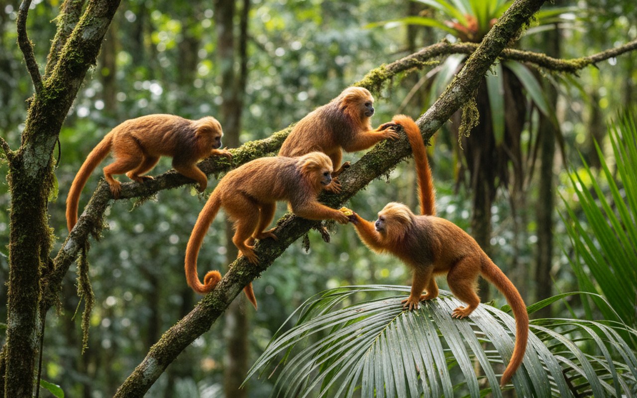 Groupe de tamarins dans une forêt tropicale, illustrant leur agilité et vie sociale.